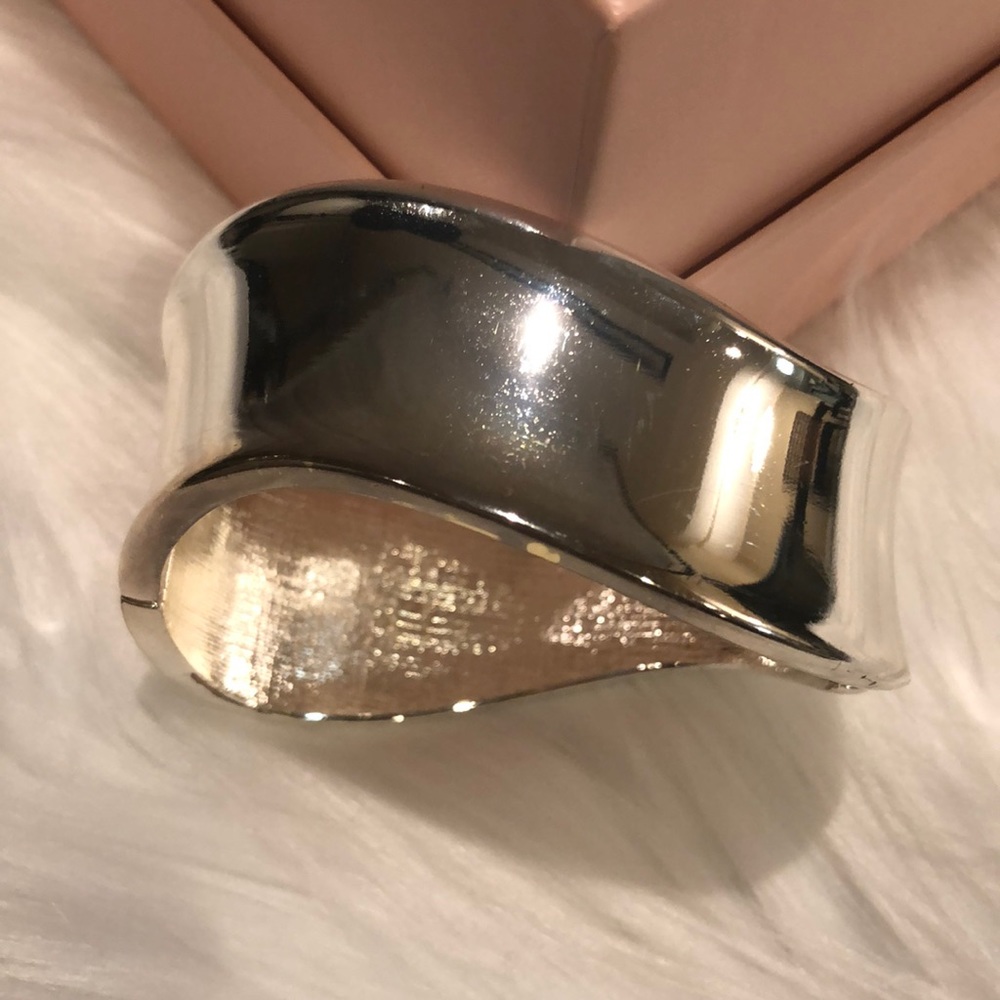Shiny Silver Statement Cuff Bracelet with Hinge Clasp Closure Wave Design